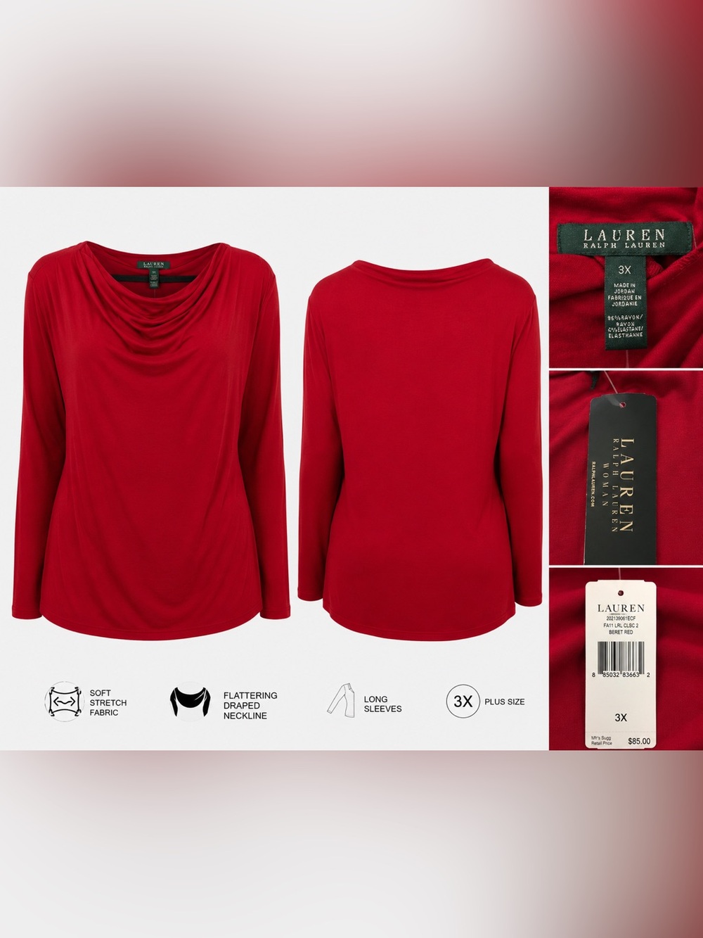 Lauren Ralph Lauren Red Drape Neck Top 3X NWT Stretch Jersey Long Sleeve